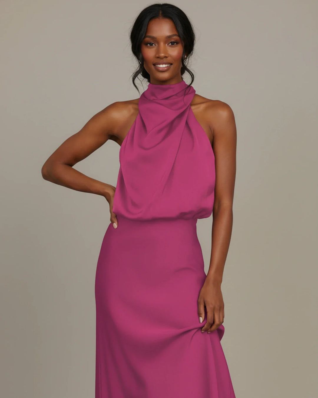 Celina | Cowl Drape High Neck Satin Halter Neck Maxi Dress
