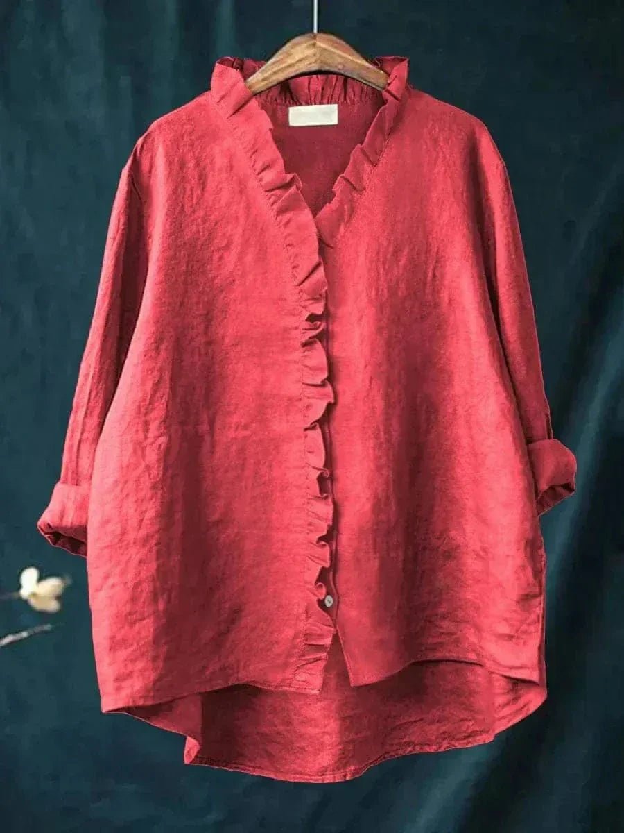 Colette | Ruffle-Trim Linen Button-Down Tunic Blouse