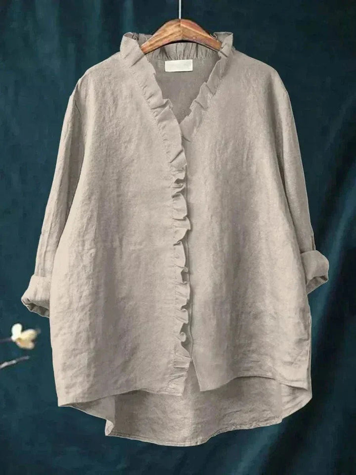 Colette | Ruffle-Trim Linen Button-Down Tunic Blouse