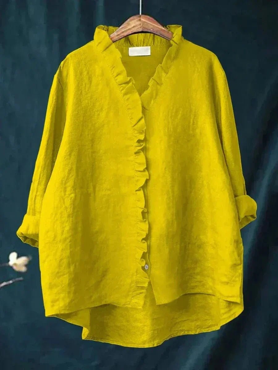 Colette | Ruffle-Trim Linen Button-Down Tunic Blouse