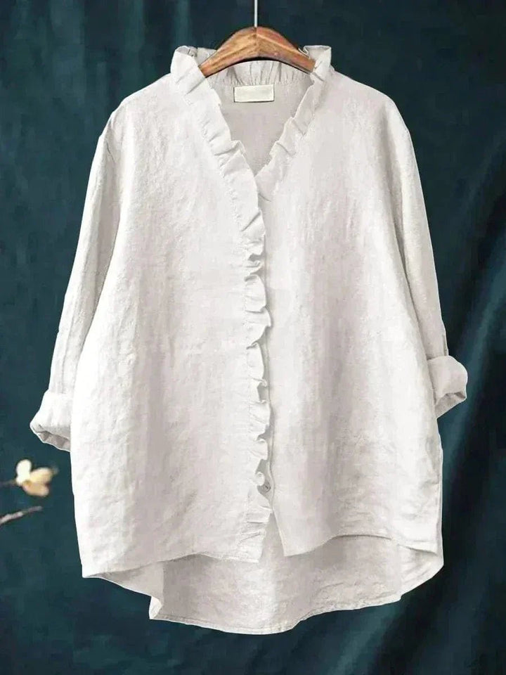 Colette | Ruffle-Trim Linen Button-Down Tunic Blouse