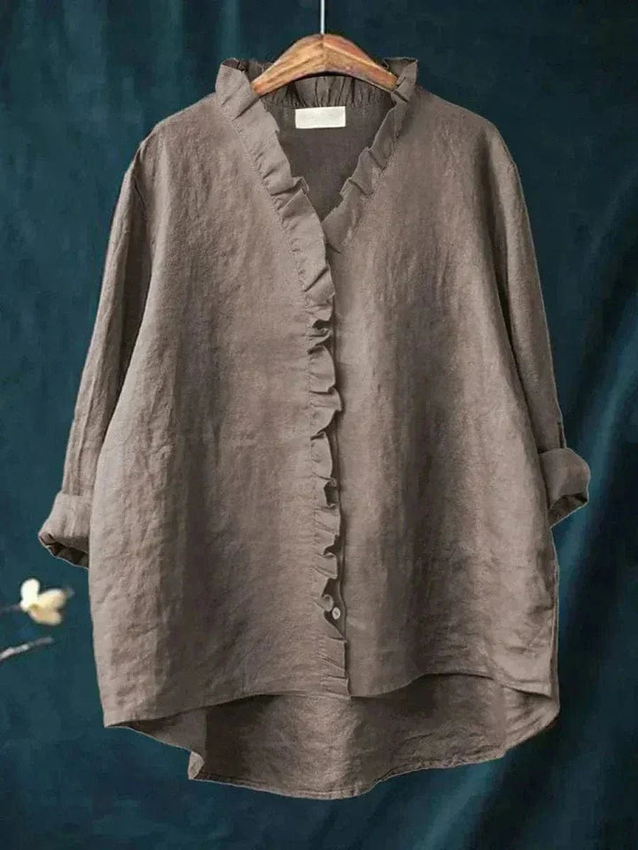 Colette | Ruffle-Trim Linen Button-Down Tunic Blouse