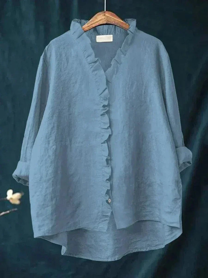 Colette | Ruffle-Trim Linen Button-Down Tunic Blouse