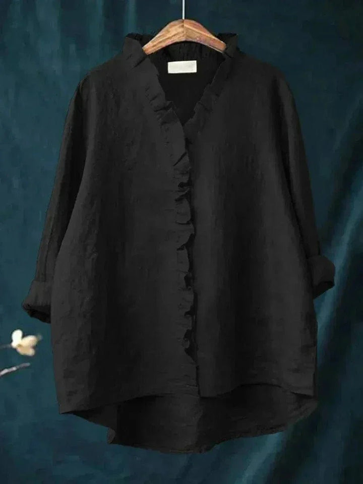 Colette | Ruffle-Trim Linen Button-Down Tunic Blouse