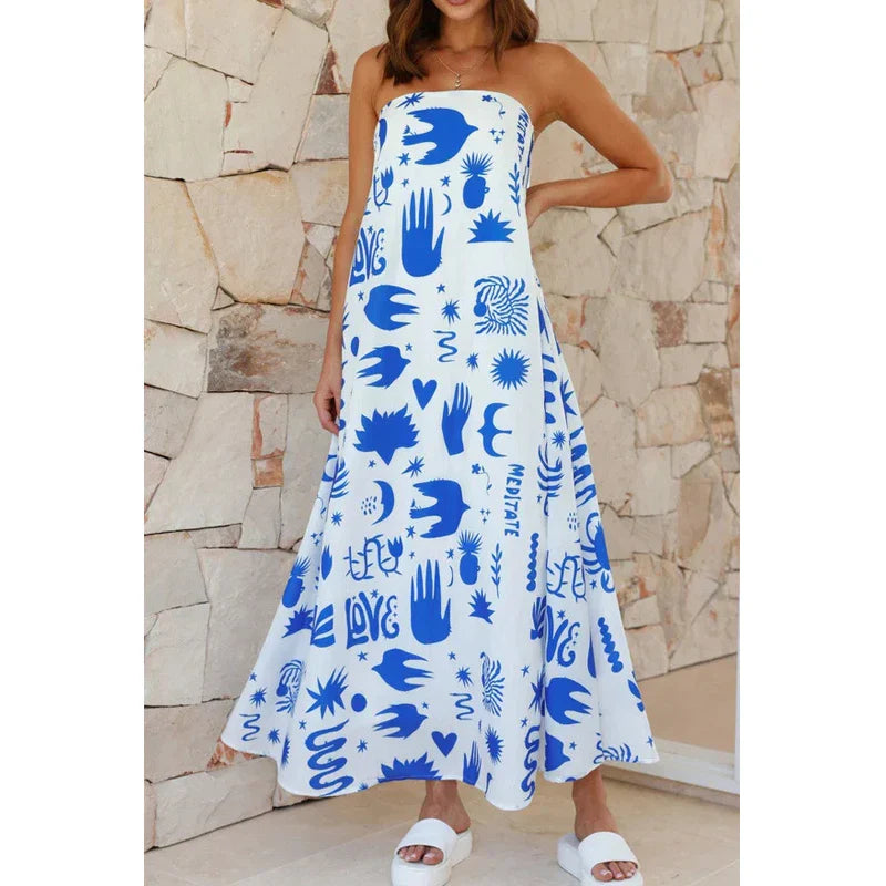 Fresca | Tropical Print Strapless Flowy Boho Dress