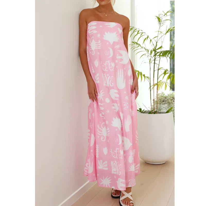 Fresca | Tropical Print Strapless Flowy Boho Dress