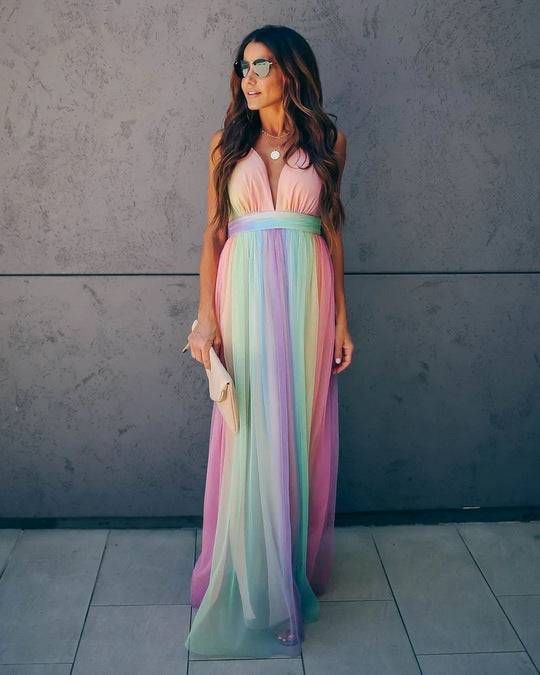 Iridessa | Rainbow Tulle Plunge Maxi Summer Dress