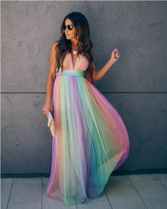 Iridessa | Rainbow Tulle Plunge Maxi Summer Dress