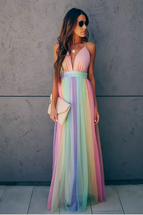 Iridessa | Rainbow Tulle Plunge Maxi Summer Dress