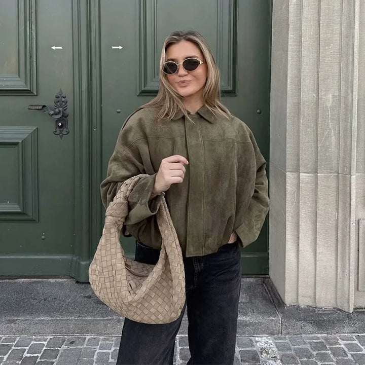 Khaki | Oversized Cropped Zip-Front Women's Bomber Jacket