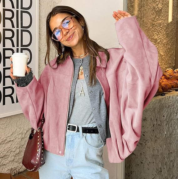 Khaki | Oversized Cropped Zip-Front Women's Bomber Jacket