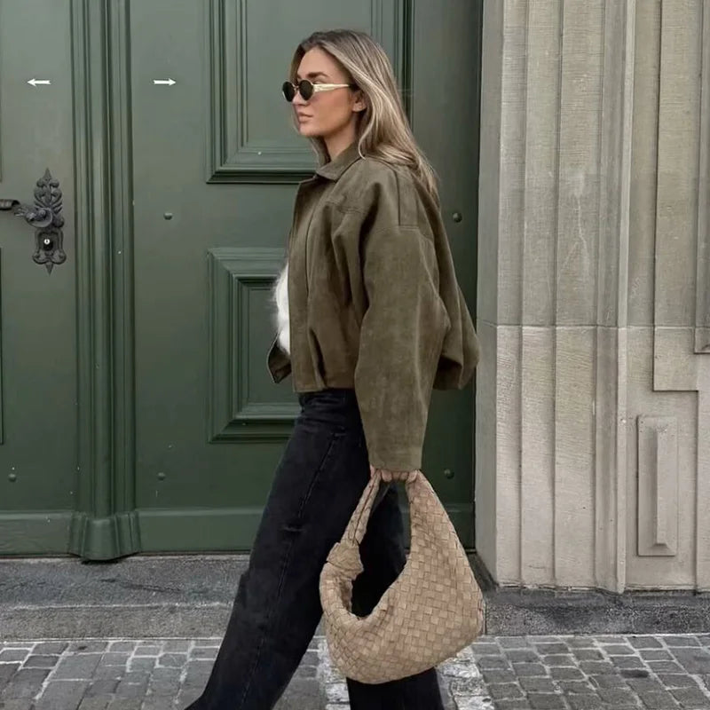 Khaki | Oversized Cropped Zip-Front Women's Bomber Jacket