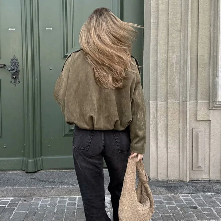 Khaki | Oversized Cropped Zip-Front Women's Bomber Jacket
