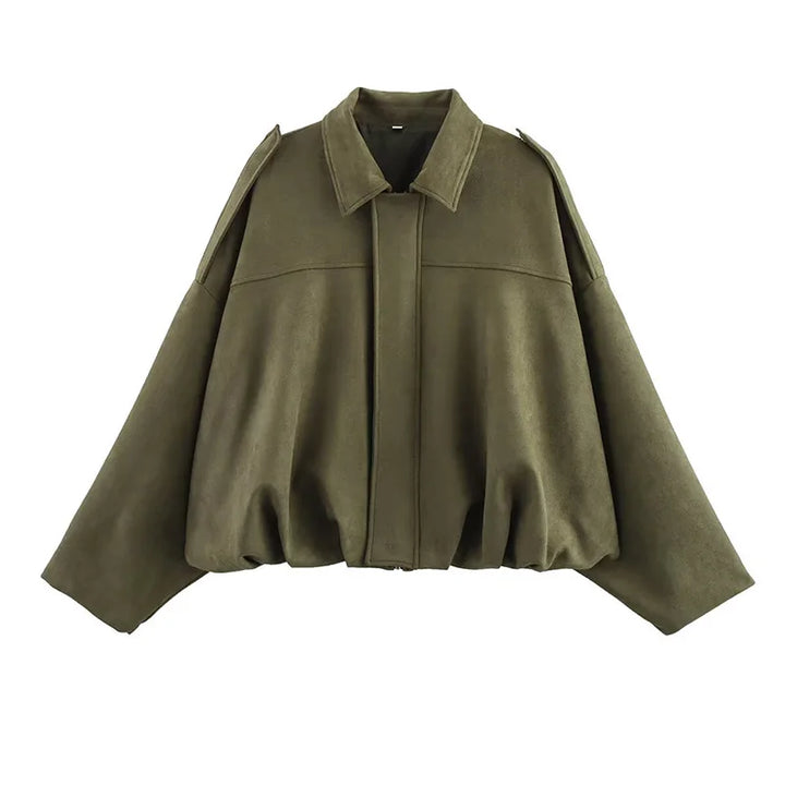 Khaki | Oversized Cropped Zip-Front Women's Bomber Jacket